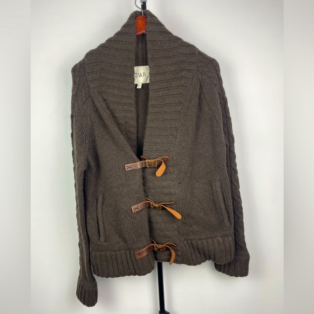 Revolve Tovar Brown‎ Wool Blend Leather Strap Closure Cable Knit Sweater